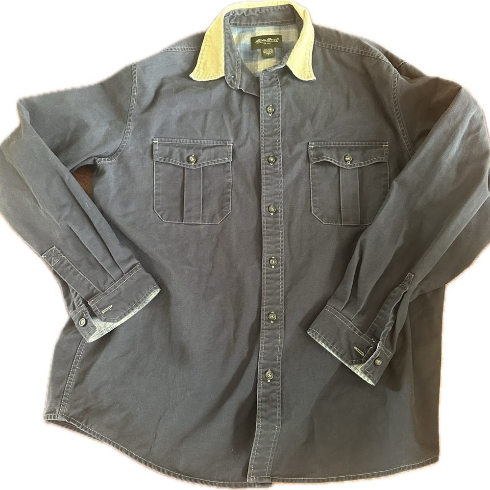 Vintage Eddie Bauer Jacket  Dark navy blue jean color w/ a cream corduroy collar